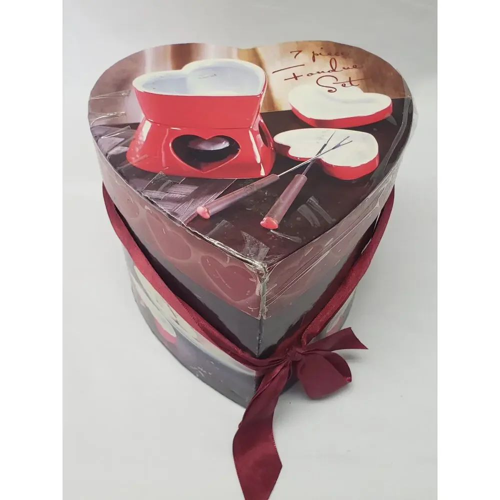 7 Piece Glass Red Heart Fondue Set - Beautiful Lover Set for Chocolate Cheese